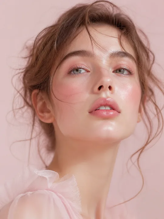 Blush-pink tones and soft lighting shape a minimal beauty advertisement.