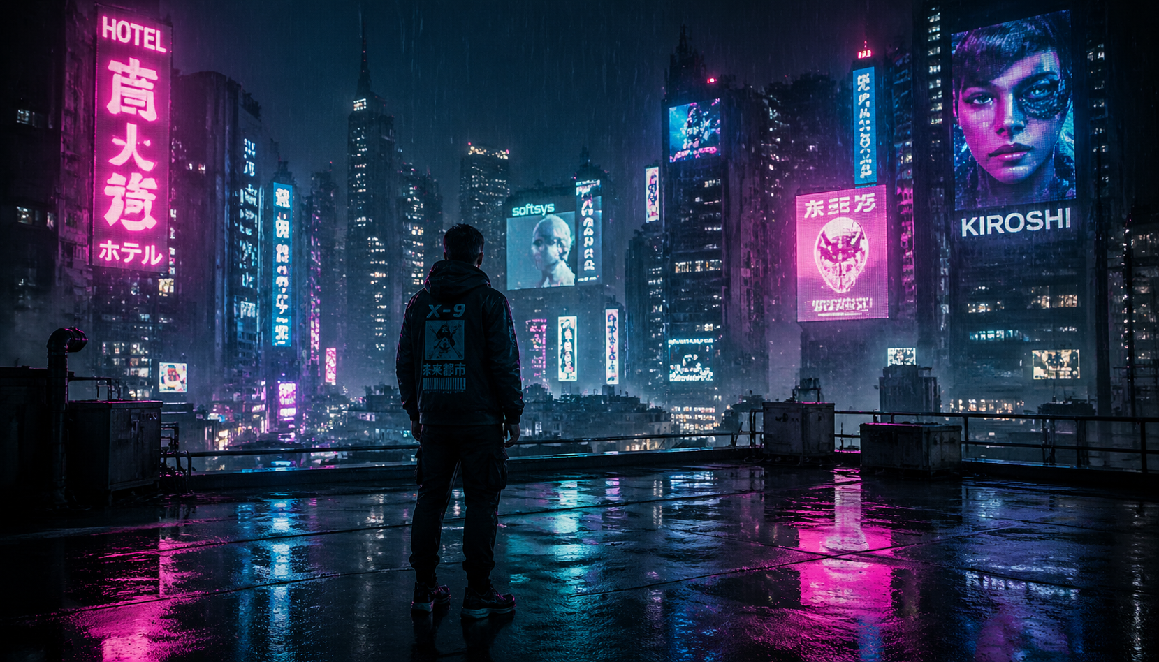 Neon reflections and rain frame a lone figure above a futuristic city.