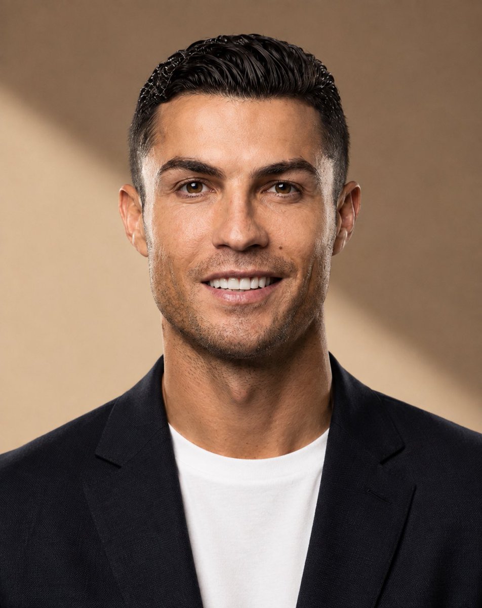 A reference photograph becomes a polished studio portrait with a complementary backdrop.