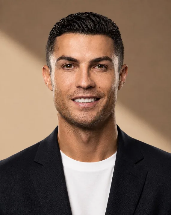 A reference photograph becomes a polished studio portrait with a complementary backdrop.