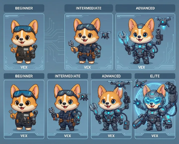 A reference character progresses through four increasingly elaborate game-design forms.