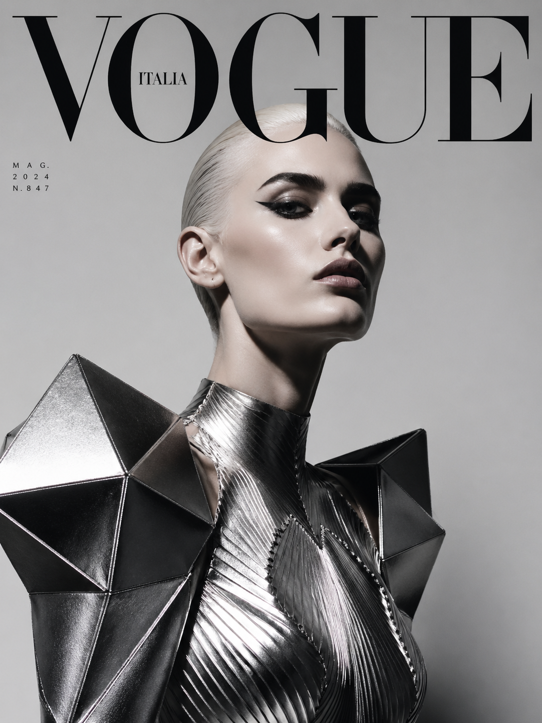 A sculptural metallic outfit meets sharp studio lighting in an editorial portrait.