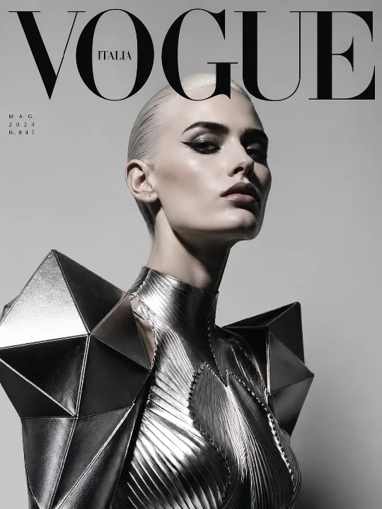 A sculptural metallic outfit meets sharp studio lighting in an editorial portrait.