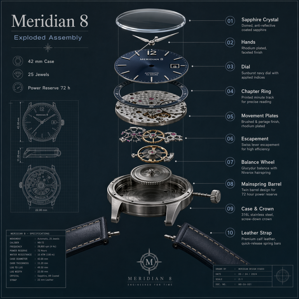 A fictional watch separates into layered gears, case parts, and precision components.