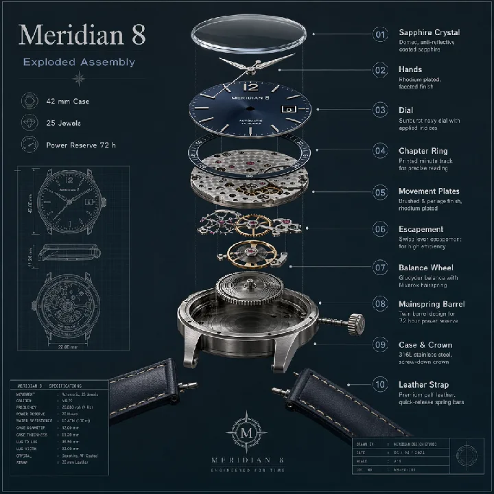A fictional watch separates into layered gears, case parts, and precision components.