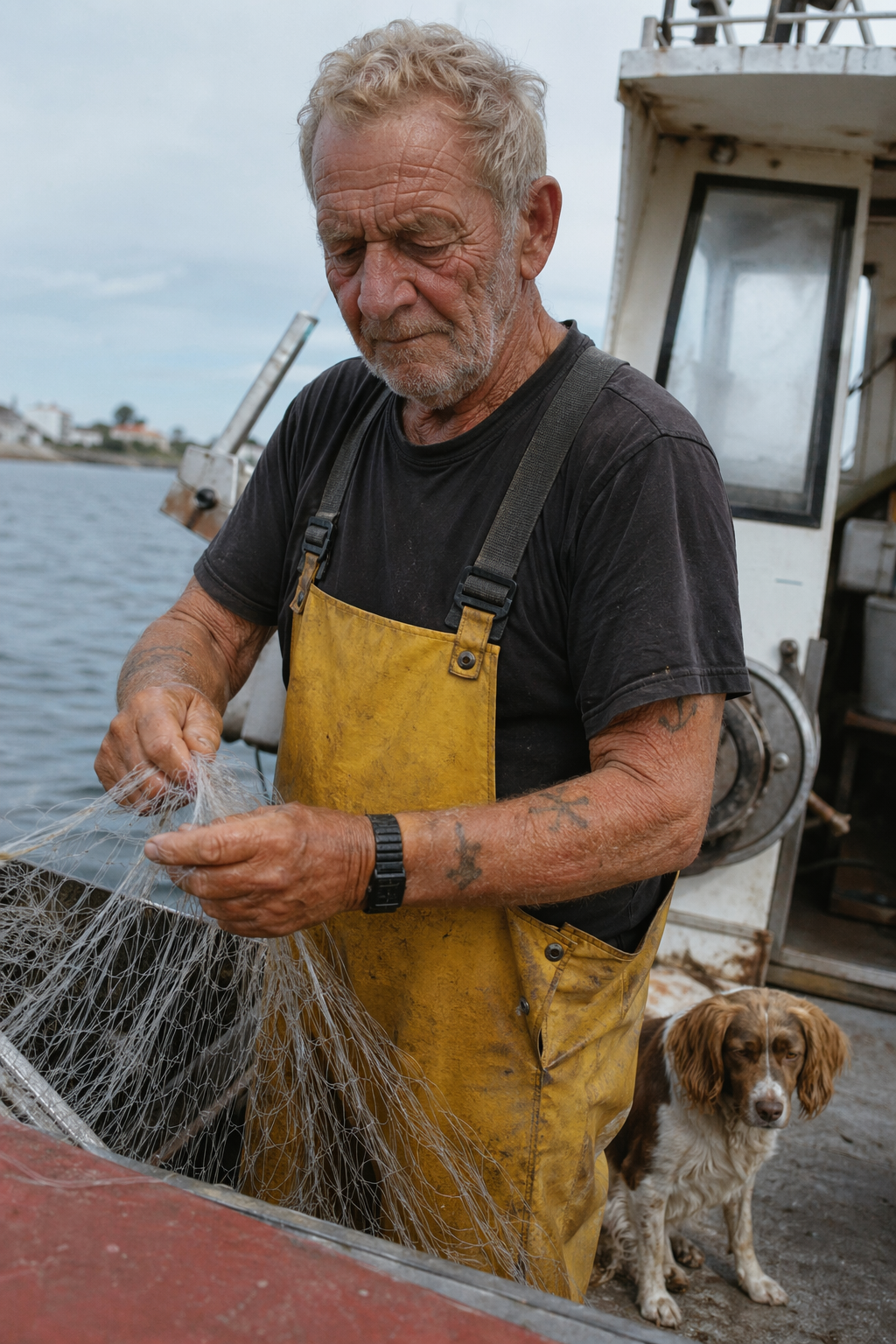 A weathered sailor on a fishing boat, photographed with natural light and film texture.