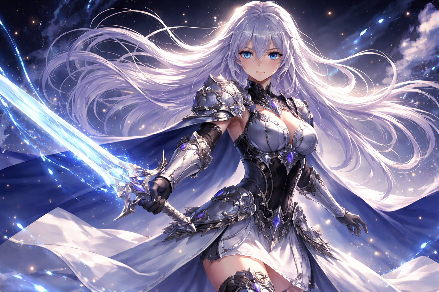 A dynamic anime character carries a glowing sword and ornate silver armor.