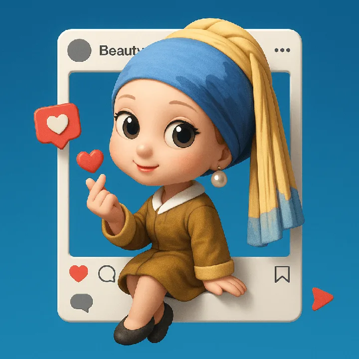 A three-dimensional character sits on an oversized social-media photo frame.