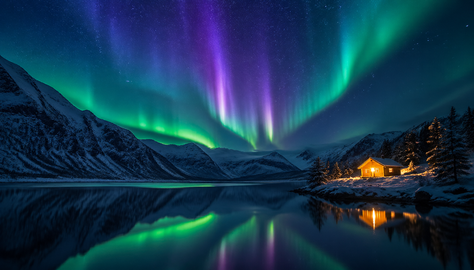 A warm-lit cabin contrasts with cold water and green northern lights.