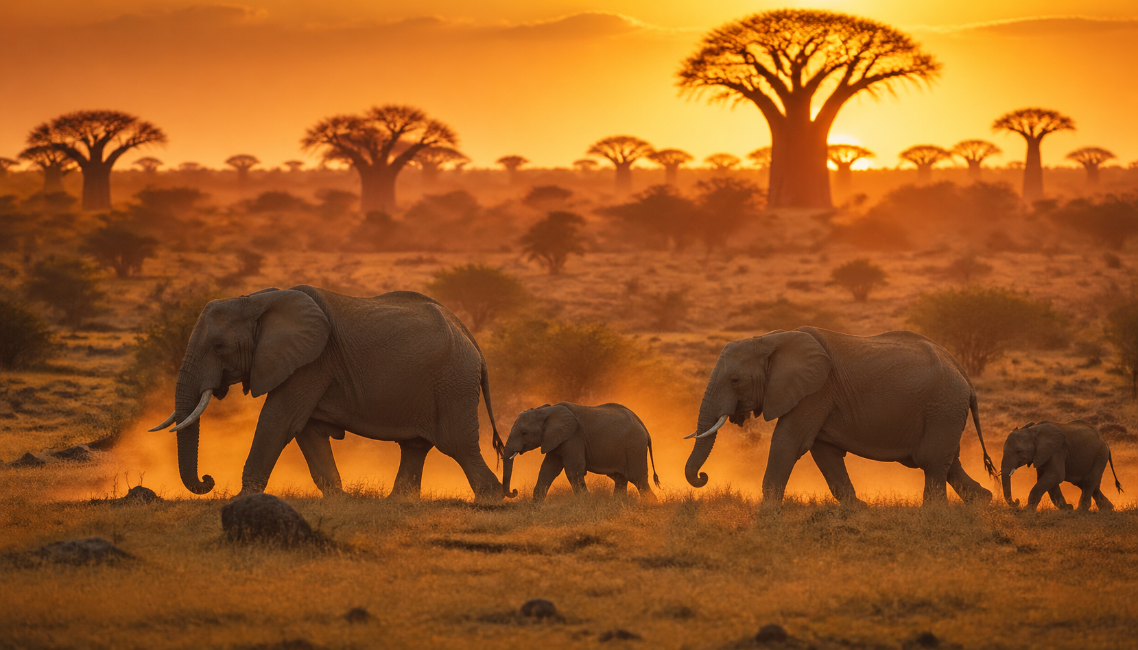An elephant family crosses the savanna through backlit dust and amber light.