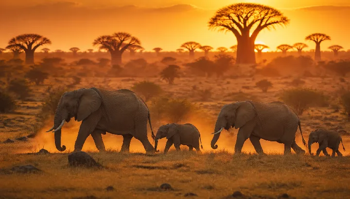 An elephant family crosses the savanna through backlit dust and amber light.