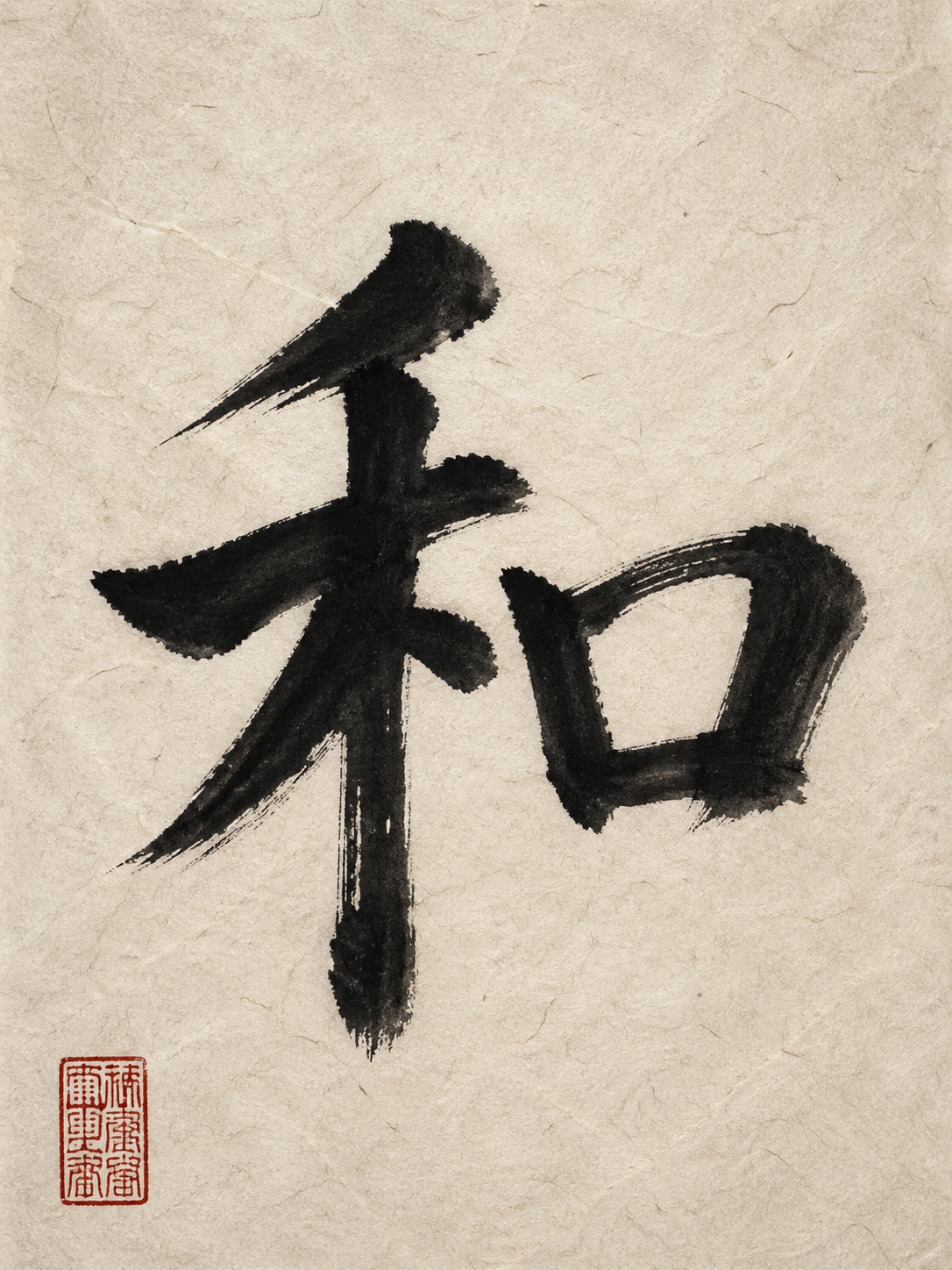 Expressive ink calligraphy on textured washi paper with a red seal.