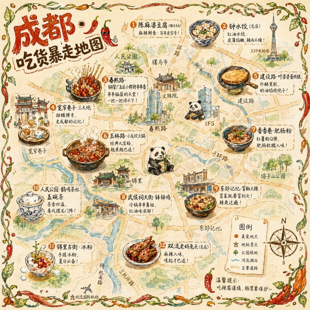 A hand-drawn food map combines city landmarks, local dishes, and watercolor texture.