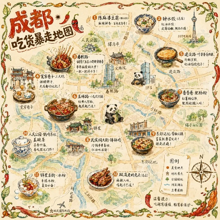 A hand-drawn food map combines city landmarks, local dishes, and watercolor texture.