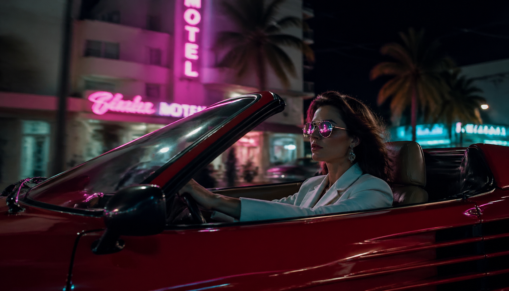 A red convertible moves through a palm-lined city in an eighties-inspired night scene.