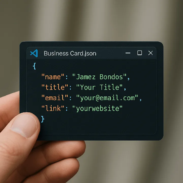 A hand-held business card mimics a syntax-highlighted JSON file in a code editor.