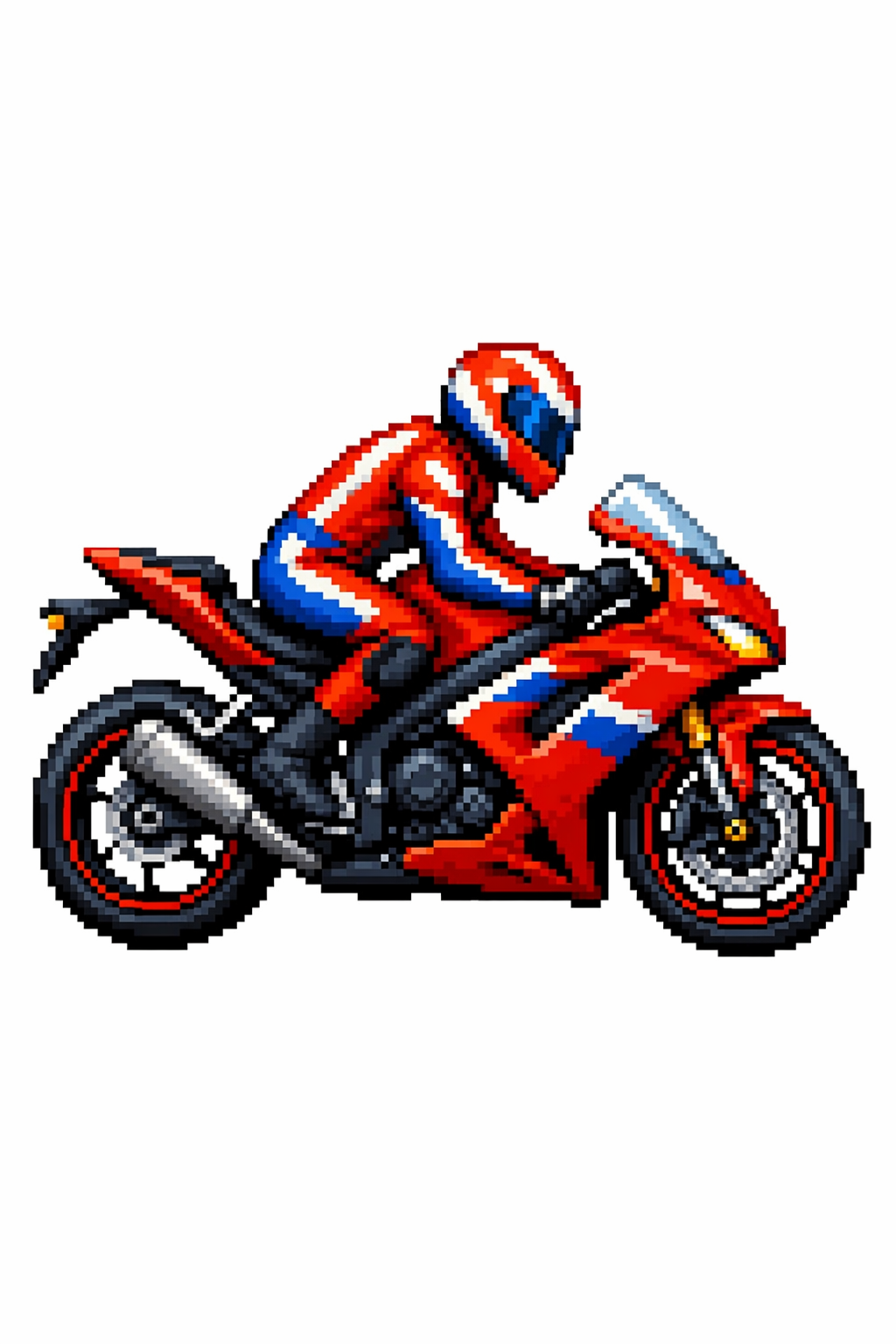 A reference-led pixel illustration of a motorcycle rider on a white background.