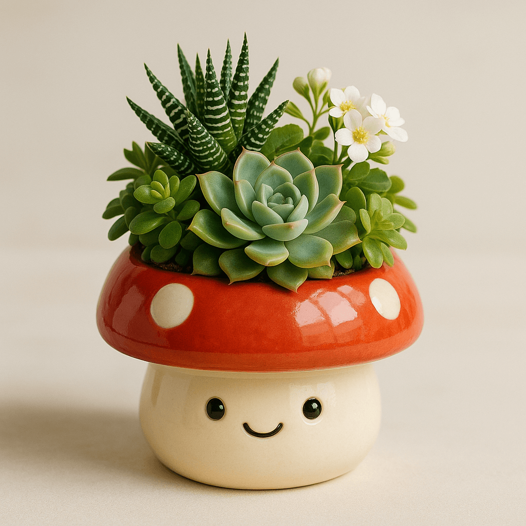 A friendly ceramic planter holds succulents against a soft neutral background.