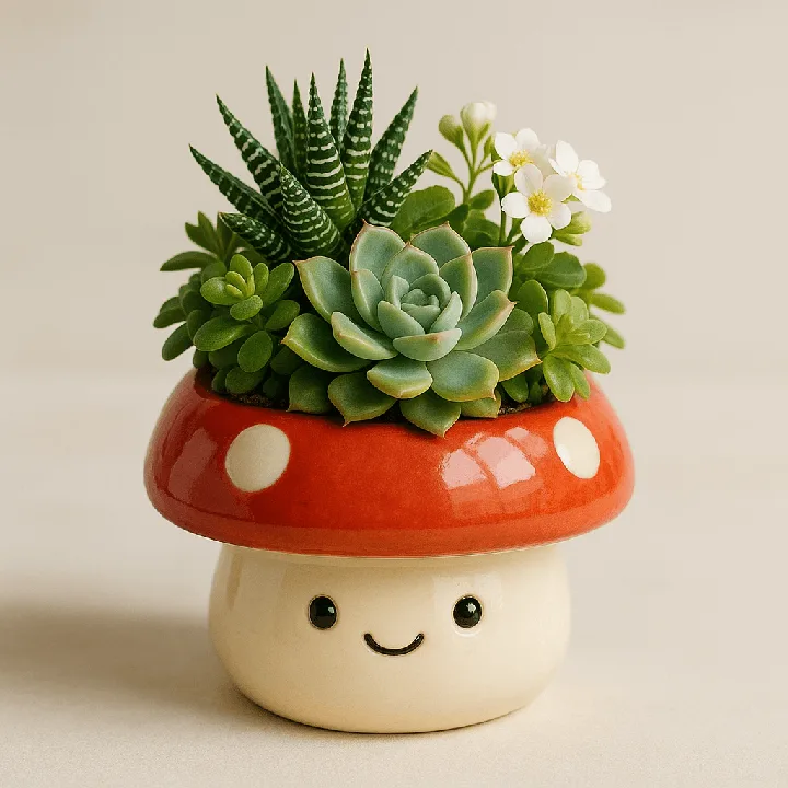 A friendly ceramic planter holds succulents against a soft neutral background.