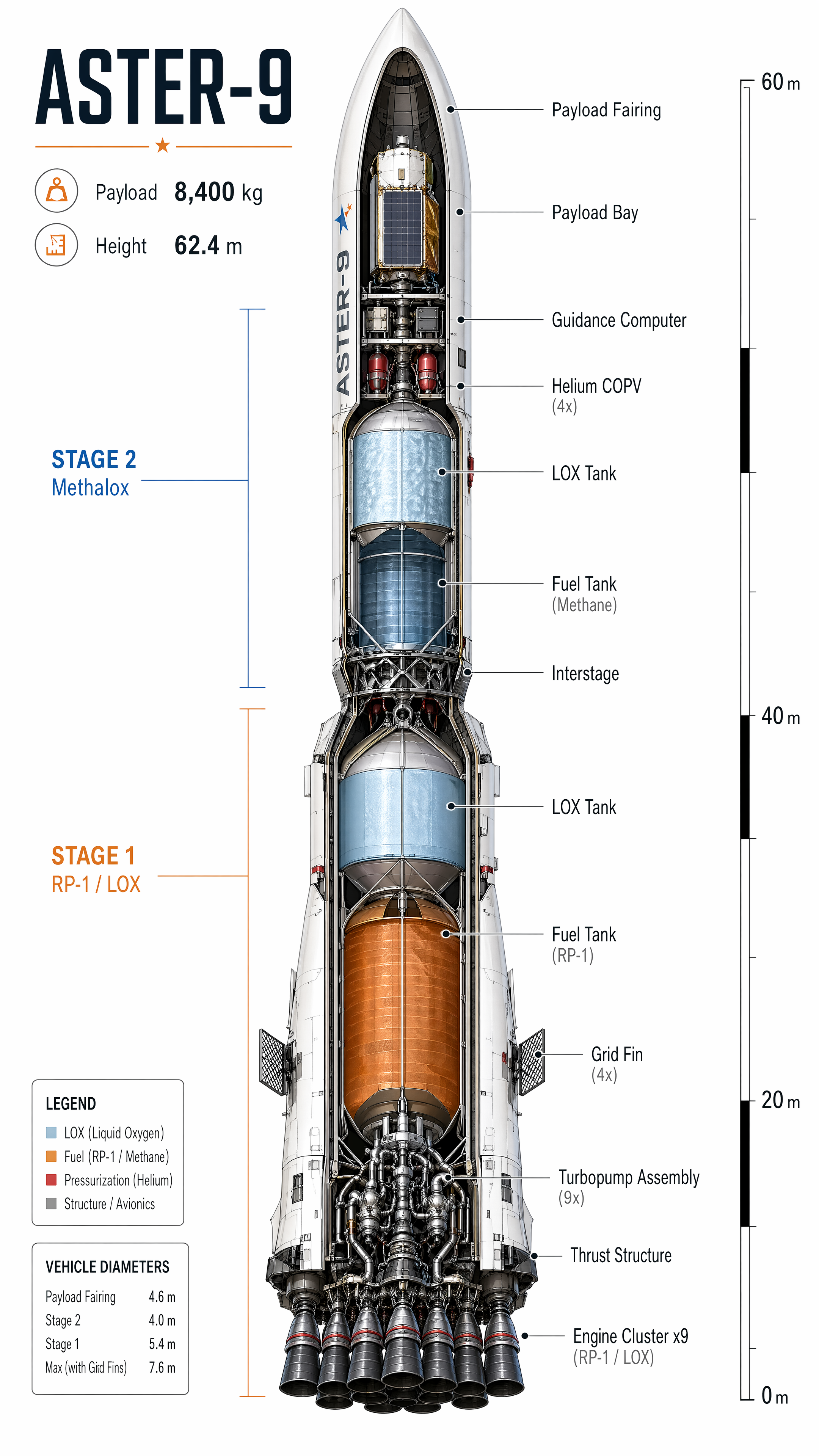 A vertical technical illustration reveals the structure of a fictional launch vehicle.