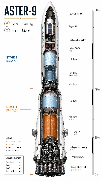 A vertical technical illustration reveals the structure of a fictional launch vehicle.