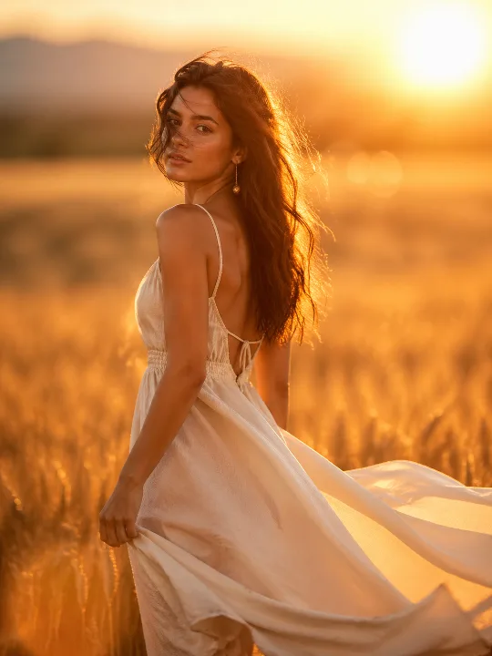 A linen dress and glowing wheat fields form a warm sunset portrait.