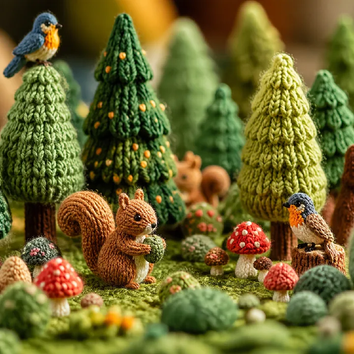 Wool trees, tiny animals, and mushrooms form a tactile miniature landscape.