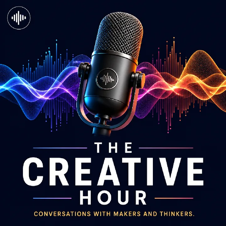A floating microphone and colored sound waves frame a bold podcast title.