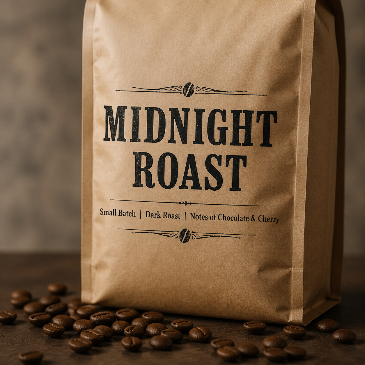 A kraft-paper coffee bag with a carefully composed printed label.