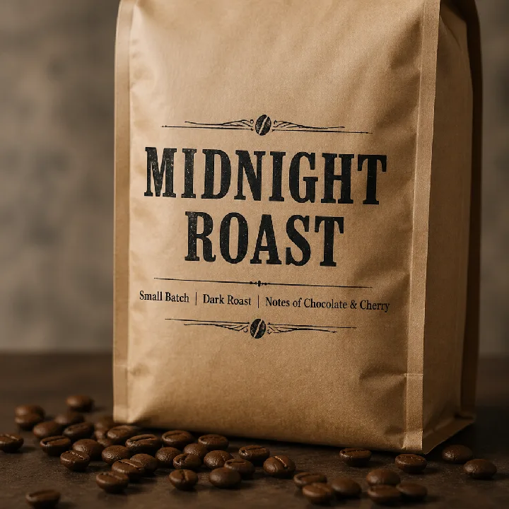 A kraft-paper coffee bag with a carefully composed printed label.