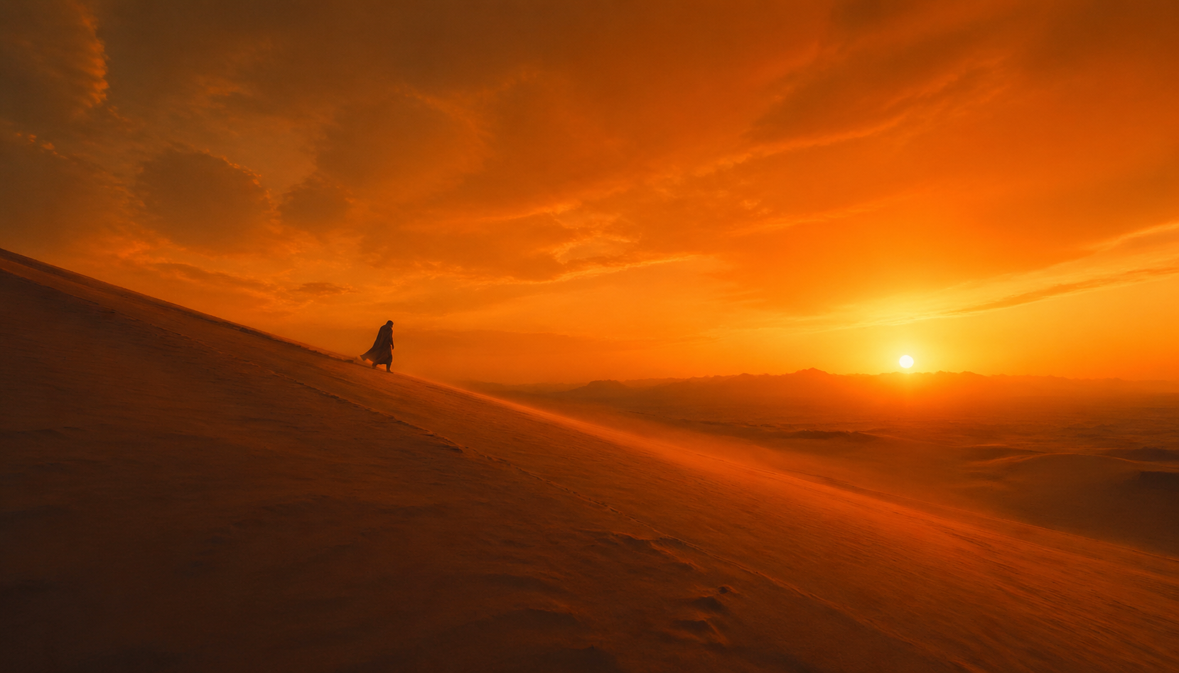 A solitary robed figure crosses vast orange dunes beneath a bright sky.