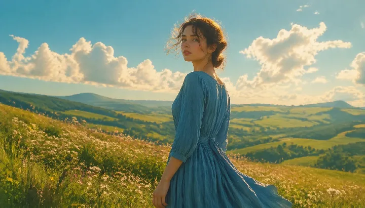 A woman in a blue dress stands in a sunlit field with a storybook atmosphere.
