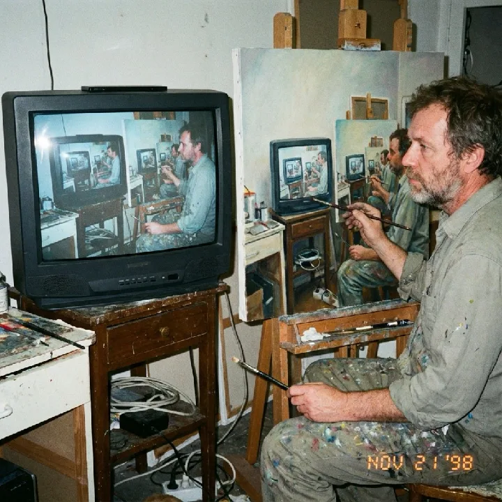 An artist paints the same scene of an artist painting, creating a nested visual loop.