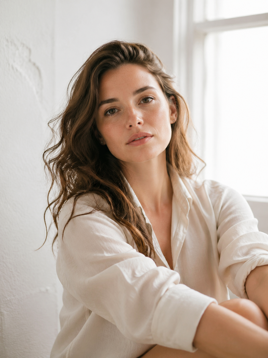A quiet portrait uses diffused window light in a bright studio.