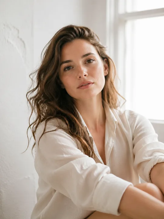 A quiet portrait uses diffused window light in a bright studio.