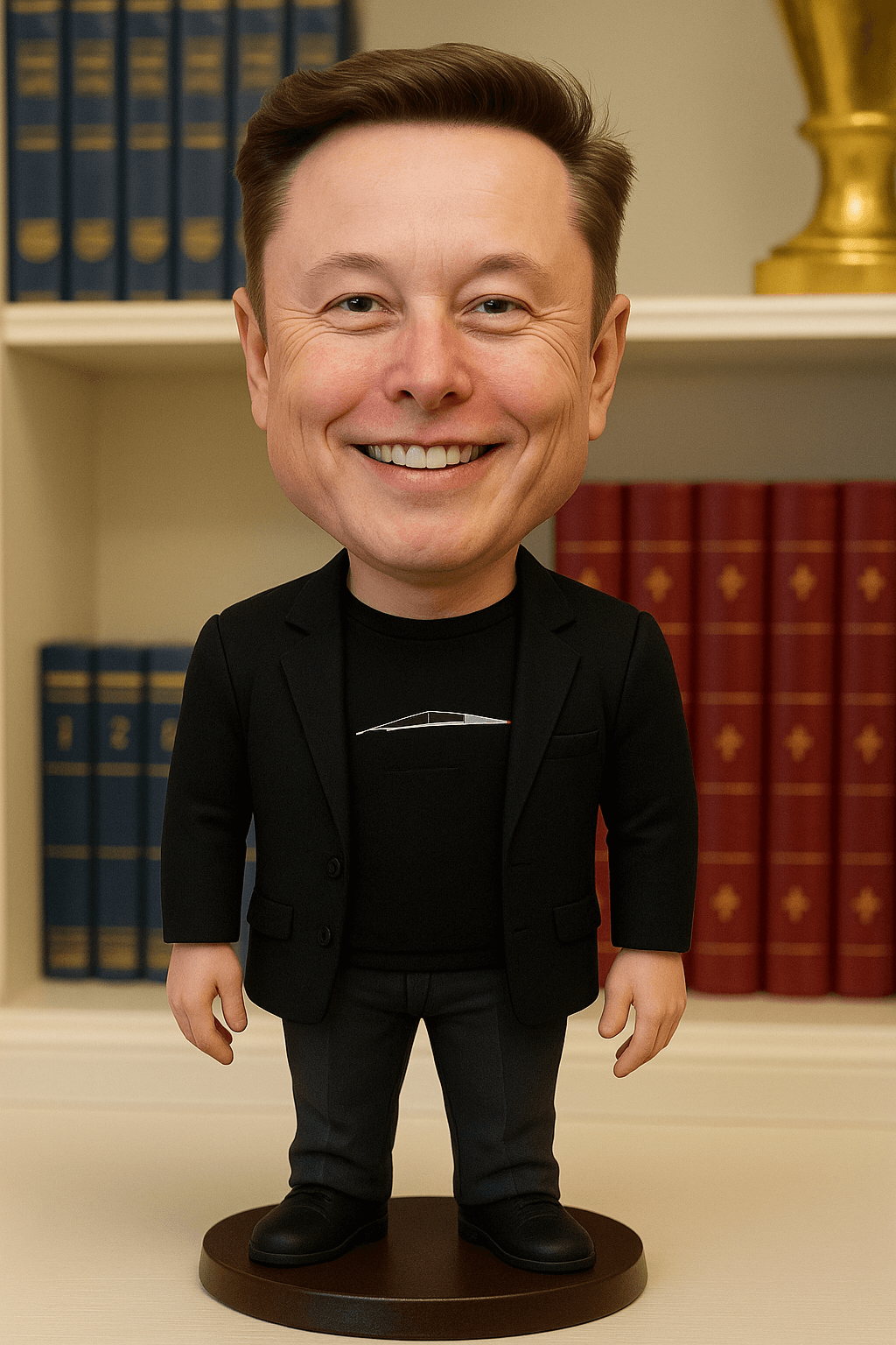 A portrait becomes a playful bobblehead displayed on a bookshelf.