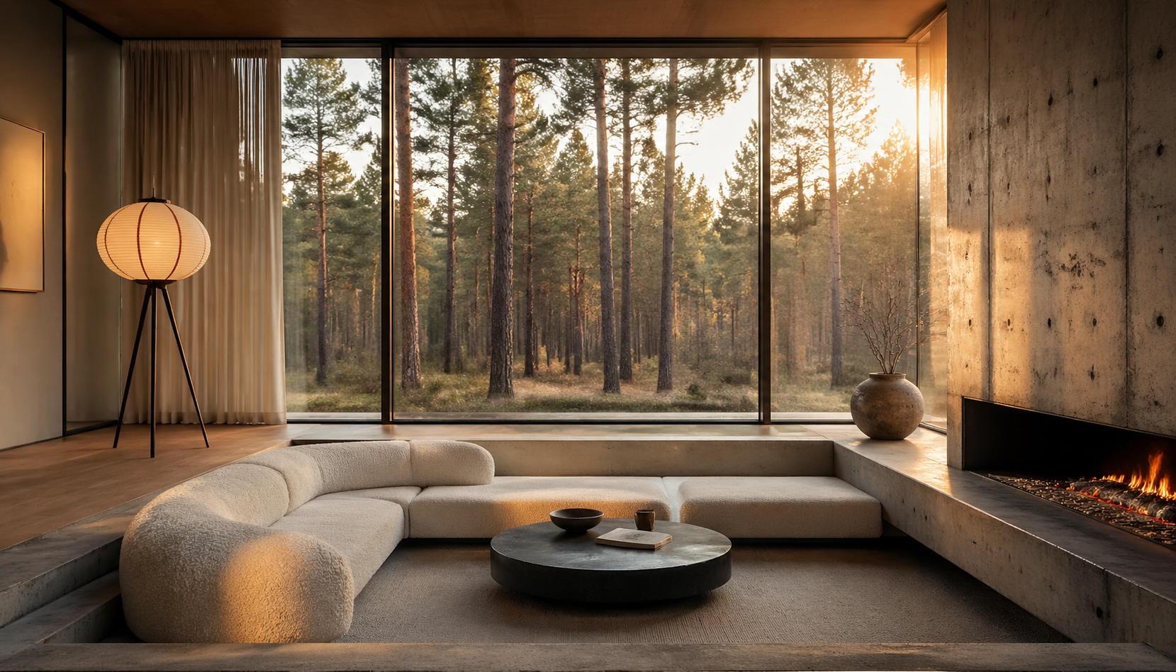 A warm sunken living room with a curved sofa and floor-to-ceiling forest views.
