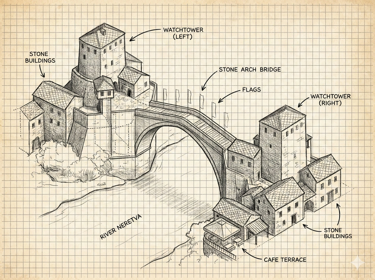 A street scene reimagined as a hand-drawn isometric illustration.