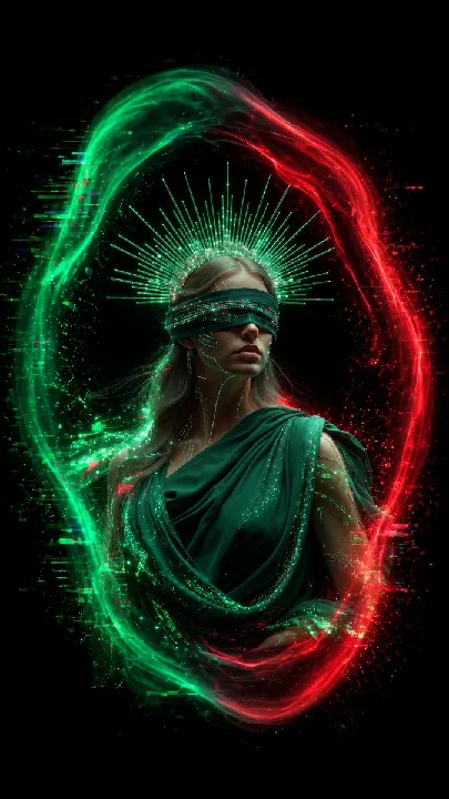 A solemn fantasy portrait combines a black background with red and green energy rings.