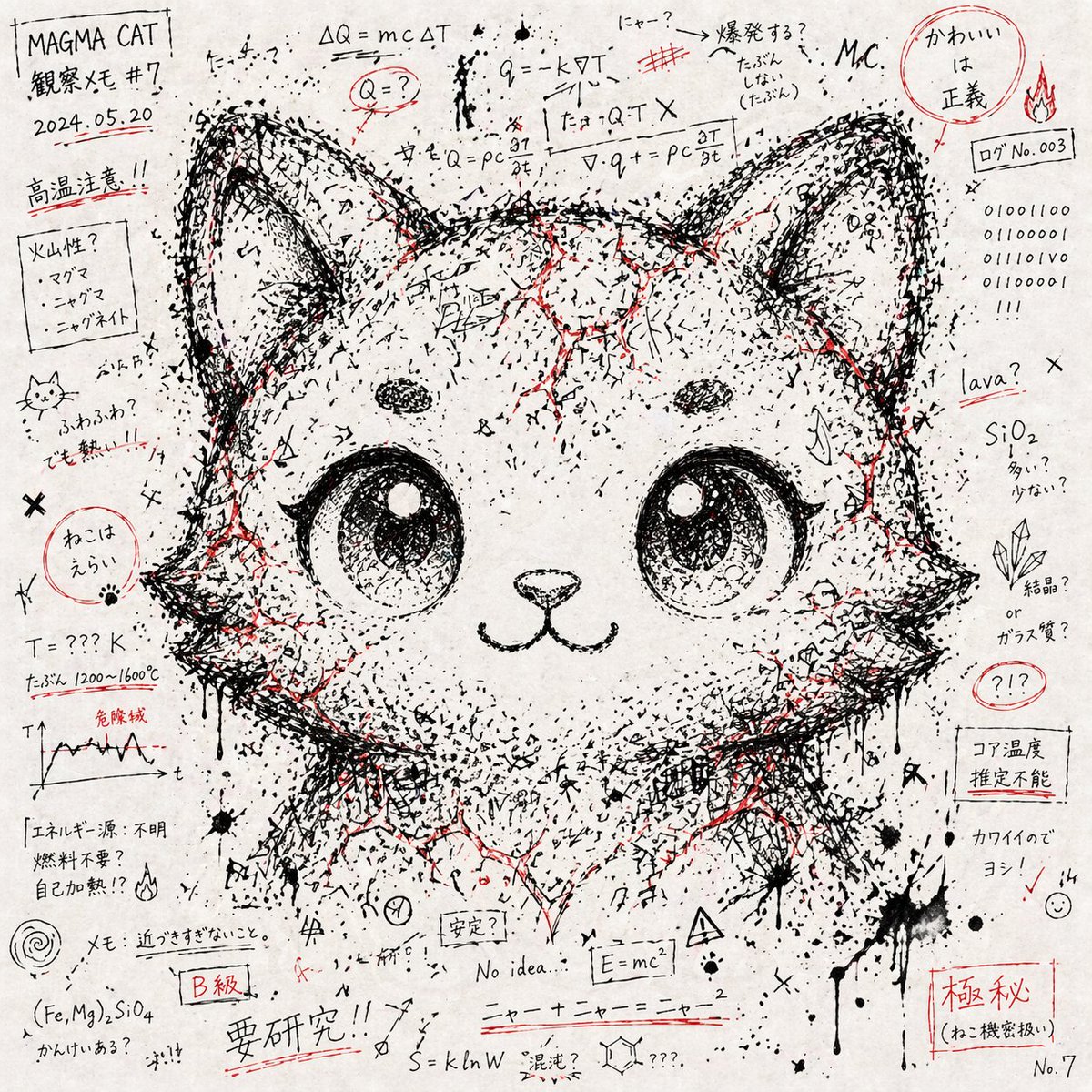 Dense handwritten marks and formulas form a face through changes in visual density.