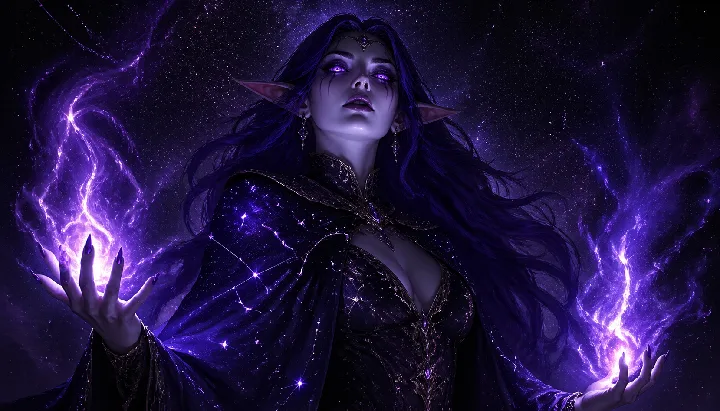 A fantasy mage wears a cloak of constellations and gathers glowing arcane energy.