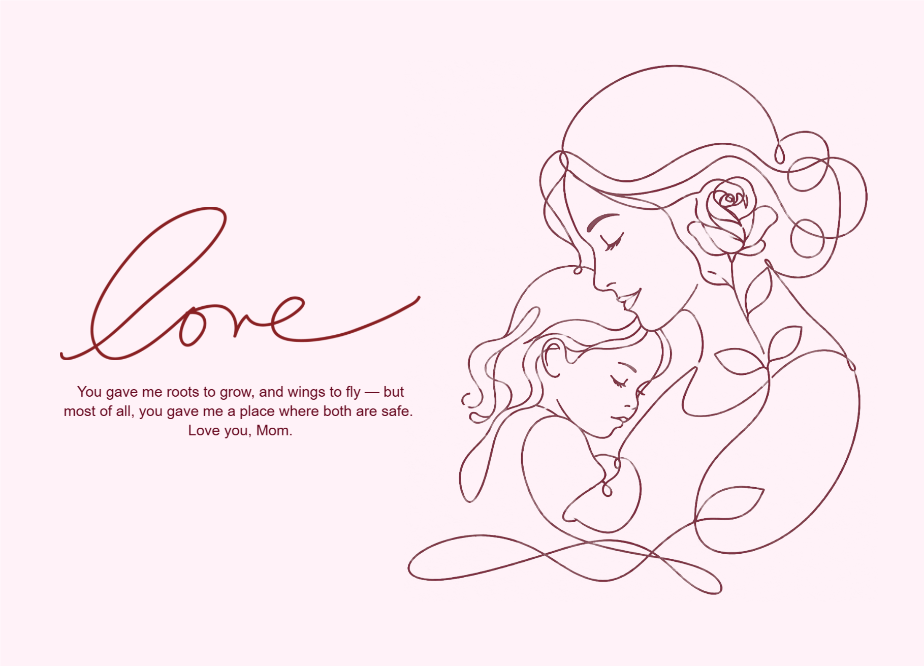 A pink line connects a mother's embrace with a simple rose motif.