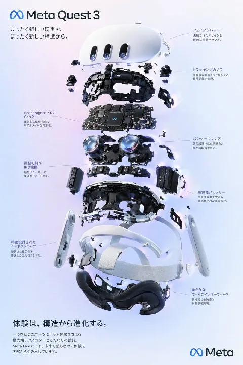 A layered technical render reveals the components of a virtual-reality headset.