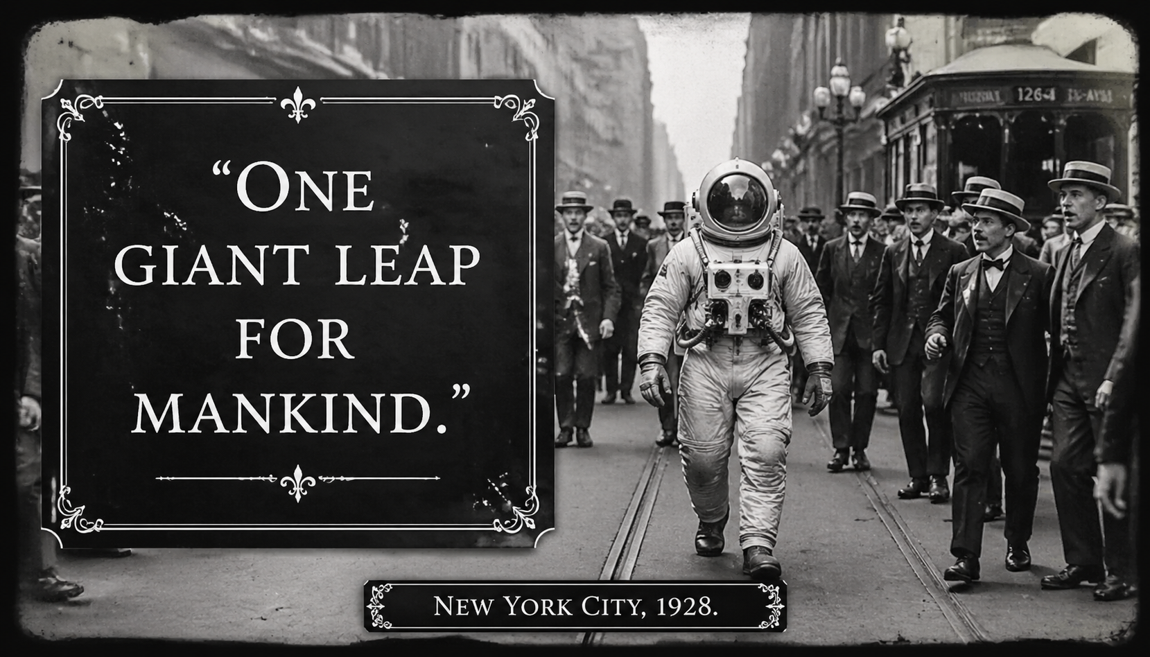 A vintage-suited astronaut walks through a 1920s city in a monochrome film scene.