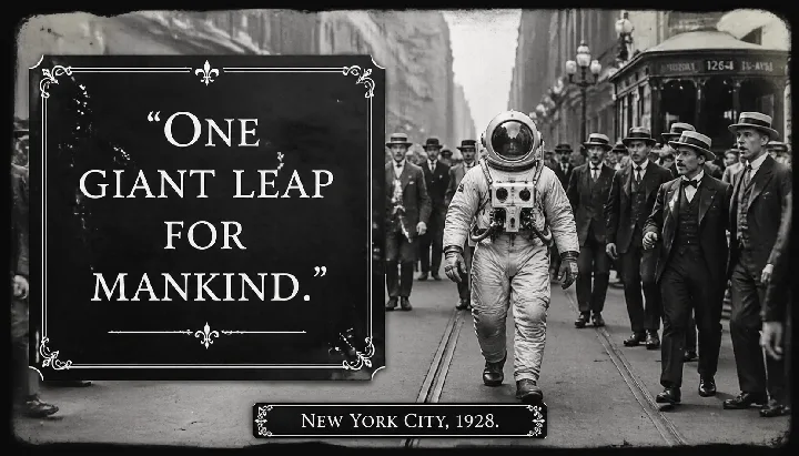 A vintage-suited astronaut walks through a 1920s city in a monochrome film scene.