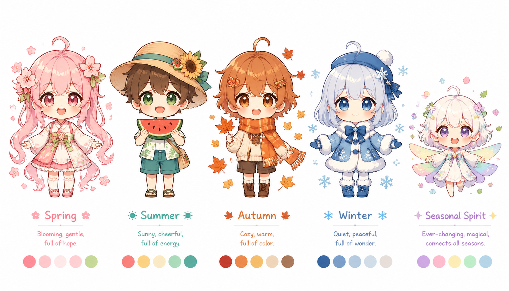 Pastel characters represent the seasons in a compact design sheet.