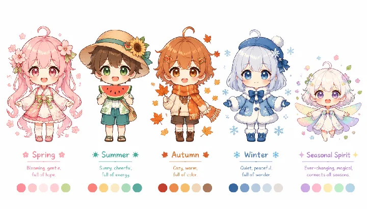 Pastel characters represent the seasons in a compact design sheet.