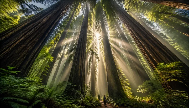 Towering redwoods and shafts of sunlight dwarf a small human figure.