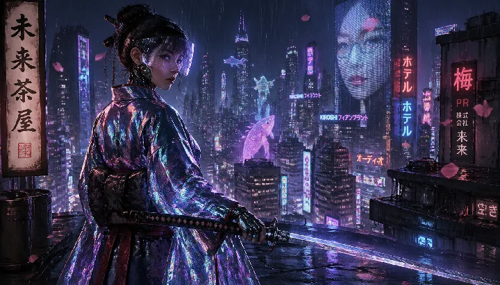 A futuristic samurai stands on a neon-lit rooftop in a holographic kimono.