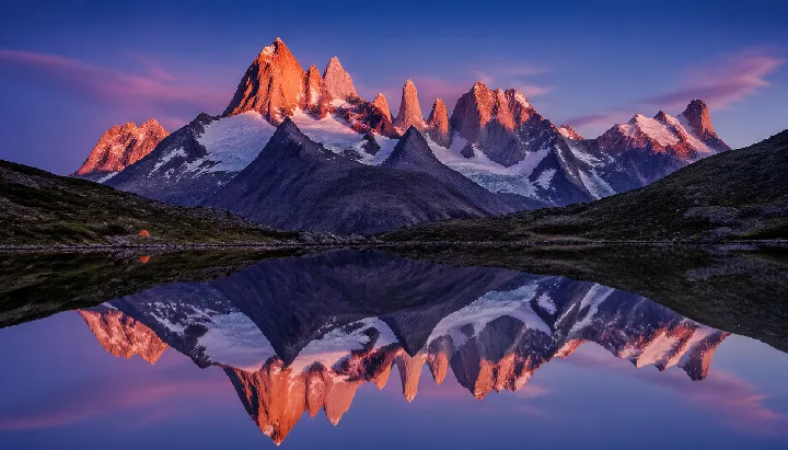 Jagged mountain peaks mirror in a still alpine lake at blue hour.
